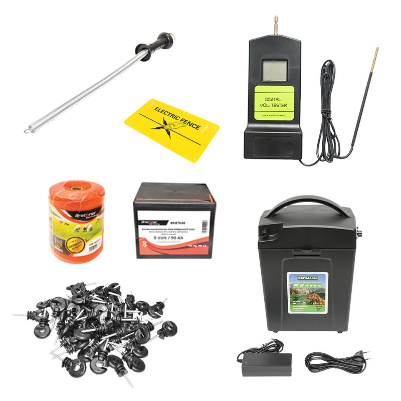Kit complet gard electric 9/12V, 0,7 Joule, lungime fir 500m, 100 izolatori, manere poarta, placuta avertizare si baterie uscata (nereincarcabila) 9V/90Ah Breckner Germany